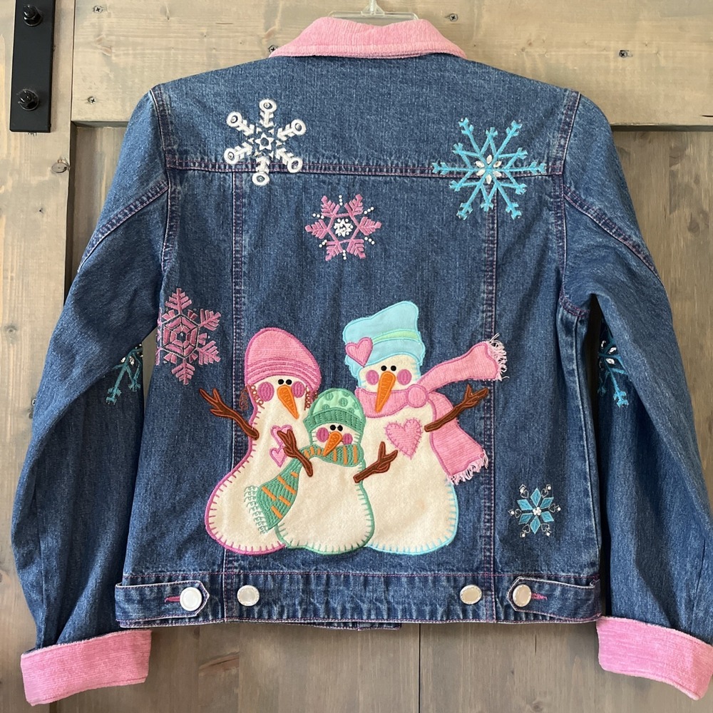 Vintage 90s Bleu Bayou Snowman Denim Jacket Cotton Embellished Christmas Small
